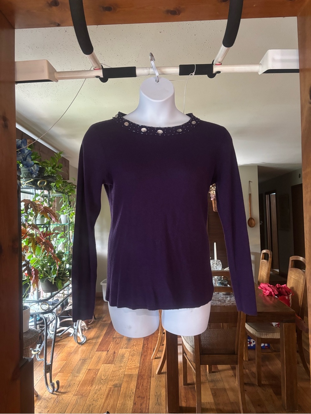 Zena Essentials Women’s Purple Long-Sleeve Top with Beaded Neckline Size M